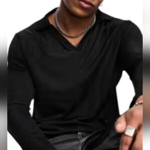 ASOS Design long sleeve in sheer rib with deep V neckline. Black. Size Medium.